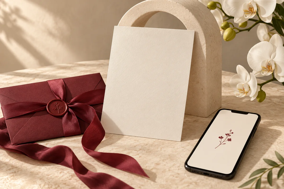 Konsep undangan ivory dengan pita maroon dan bunga putih; dibuat dengan AI, bukan acara pelanggan.